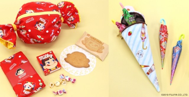 不二家のお菓子がデザインされた 布 がかわいい ペコちゃんやミルキーがポップな柄になっているよ Pouch ポーチ